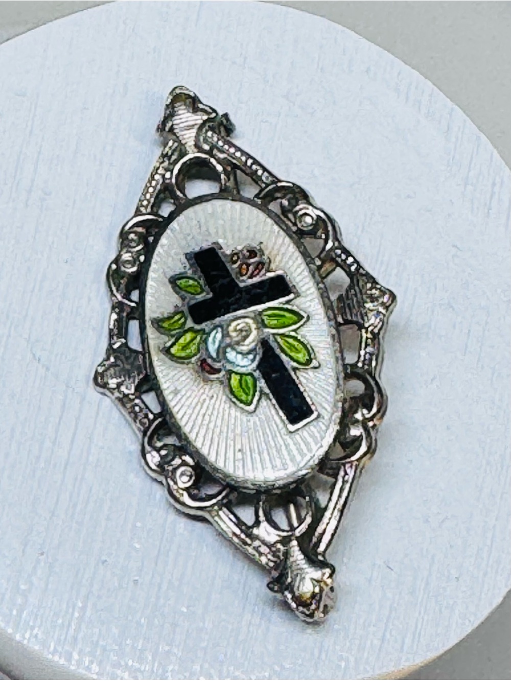 Antique Fine Guilloche Cross Religious Floral Brooch